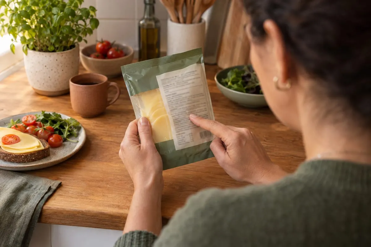 Pessoa lendo o rótulo de ingredientes de uma embalagem de queijo vegano fatiado na cozinha