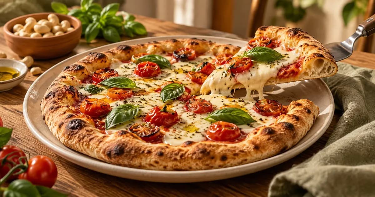Pizza com queijo vegano derretido, tomate cereja assado e manjericão
